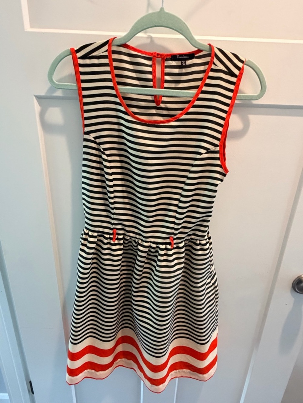 Monteau Striped Dress Medium Black White Red Trim Tie Waist Sleeveless